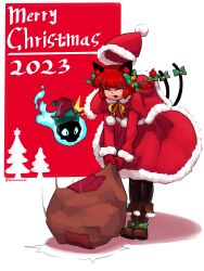 Rule 34 | 1girl, 2023, absurdres, aronnecroman, bow, braid, brown footwear, capelet, cat tail, christmas tree, closed eyes, commentary, english commentary, full body, fur trim, green bow, hair bow, hat, highres, hitodama, kaenbyou rin, merry christmas, multiple tails, nekomata, pantyhose, patch, pom pom (clothes), red capelet, red hair, red hat, red skirt, sack, santa costume, santa hat, side braids, skirt, solo, standing, tail, touhou, twin braids, two tails