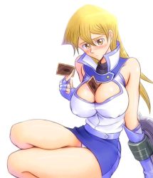 Rule 34 | 1girl, bad id, bad pixiv id, between breasts, blonde hair, blush, bonnie (rsg), breasts, card, card between breasts, cleavage, cleavage cutout, clothing cutout, covered erect nipples, duel disk, elbow gloves, fingerless gloves, gloves, holding, holding card, large breasts, long hair, looking at viewer, obelisk blue uniform, panties, pantyshot, school uniform, simple background, skirt, solo, tenjouin asuka, underwear, upskirt, white background, yellow eyes, yu-gi-oh!, yu-gi-oh! gx, yu-gi-oh (card)
