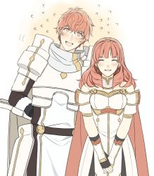 Rule 34 | 1girl, armor, aym (ash3ash3ash), brother and sister, cape, celica (fire emblem), dress, earrings, fingerless gloves, fire emblem, fire emblem echoes: shadows of valentia, gloves, jewelry, long hair, looking at viewer, nintendo, open mouth, red armor, red eyes, red hair, siblings, smile, tiara, white armor