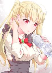 Rule 34 | 1girl, :o, arms up, artist name, black skirt, blonde hair, bottle, bow, bowtie, breasts, brooch, gradient background, hand in own hair, head tilt, highres, holding, holding bottle, jewelry, light particles, lips, looking at viewer, matatabi kikuno, medium breasts, parted lips, red bow, red bowtie, red eyes, shirt, skirt, sleeves past elbows, solo, standing, tokyo 7th sisters, twintails, uesugi u. kyouko, upper body, water bottle, white background, white shirt