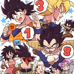 Rule 34 | ..., 1girl, 6+boys, :d, :o, puff of air, aqua eyes, armor, back turned, bandana, bardock, black eyes, black hair, blue eyes, brothers, child, clenched hand, closed eyes, crossed arms, dougi, dragon ball, dragon ball (object), dragonball z, father and son, flag, frown, gine, gloves, grandfather and grandson, grandmother and grandson, grin, highres, looking at viewer, mother and son, multiple boys, nappa, open mouth, purple hair, raditz, salute, short hair, siblings, simple background, smile, son gohan, son goku, son goten, speech bubble, spiked hair, star (symbol), sunglasses, super saiyan, super saiyan 1, tail, tkgsize, trunks (dragon ball), vegeta, white background, wristband