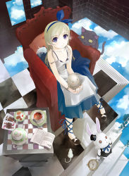 Rule 34 | 1girl, alice (alice in wonderland), alice in wonderland, apron, bad id, bad pixiv id, book, card, cat, chair, cheshire cat (alice in wonderland), clock, cloud, day, dormouse (wonderland), food, from above, hairband, hat, highres, humpty dumpty, looking up, mini hat, mini top hat, pastry, pillow, sitting, sky, stairs, tea, tea set, top hat, white rabbit (alice in wonderland), wings, yurikuta tsukumi