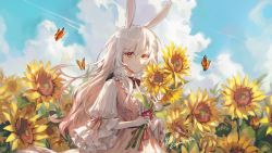 Rule 34 | 1girl, animal ears, blue sky, blush, bug, butterfly, closed mouth, cloud, cloudy sky, commission, day, dress, eyebrows hidden by hair, field, flower, flower field, gradient hair, hair between eyes, highres, holding, holding flower, insect, long hair, multicolored hair, nail polish, original, outdoors, pink dress, pink hair, puffy short sleeves, puffy sleeves, rabbit ears, red eyes, red nails, shirt, short sleeves, sky, sleeveless, sleeveless dress, smile, solo, sunflower, sunflower field, very long hair, white hair, white shirt, wide sleeves, ye jji, yellow flower