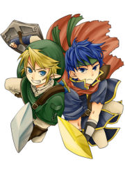 Rule 34 | 2boys, bad id, bad pixiv id, blonde hair, blue eyes, blue hair, cape, earrings, fire emblem, fire emblem: path of radiance, grin, hat, headband, highres, holding sword, ike (fire emblem), jewelry, left-handed, link, male focus, multiple boys, nintendo, pointy ears, shield, smile, super smash bros., sword, the legend of zelda, the legend of zelda: twilight princess, weapon, yurisaka