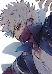 Rule 34 | 1boy, artist name, blue coat, blue eyes, blurry, blurry background, boku no hero academia, burn scar, coat, commentary, dabi (boku no hero academia), ear piercing, fingernails, hand up, looking at viewer, male focus, multicolored hair, open mouth, piercing, popo take, popped collar, scar, shirt, short hair, solo, spoilers, stitches, streaked hair, todoroki touya, twitter username, white hair, white shirt