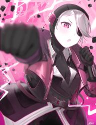 Rule 34 | 1girl, :o, alternate color, animification, apex legends, black gloves, black headwear, black jacket, black sweater, clenched hands, deep current wattson, electricity, eyepatch, gloves, grey hair, highres, jacket, motion blur, official alternate costume, one eye covered, open mouth, peso (honopesopeso), pink eyes, punching, solo, sweater, wattson (apex legends)