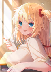 Rule 34 | 1girl, akai haato, blonde hair, blue eyes, blurry, blurry background, blush, breasts, classroom, collared shirt, commentary request, day, depth of field, desk, fang, hair ornament, hair ribbon, heart, heart hair ornament, highres, holding, holding pen, hololive, indoors, large breasts, light particles, long hair, looking at viewer, magowasabi, one side up, open mouth, pen, red ribbon, ribbon, school desk, shirt, short sleeves, signature, skin fang, smile, solo, twitter username, upper body, virtual youtuber, white shirt, window