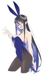 Rule 34 | 1girl, nanashi inc., :d, akitetsu, animal ears, between breasts, black hair, blue hair, blue necktie, blush, breasts, brown eyes, collarbone, contrapposto, cowboy shot, curled horns, demon girl, demon horns, detached collar, fake animal ears, fang, grey horns, grey pantyhose, hair between eyes, hebiyoi tier, highres, horns, large breasts, leotard, long hair, looking at viewer, multicolored hair, necktie, necktie between breasts, open mouth, pantyhose, playboy bunny, pointy ears, rabbit ears, sidelocks, simple background, smile, snake bite, solo, strapless, strapless leotard, sugar lyric, two-tone hair, very long hair, virtual youtuber, white background, wrist cuffs