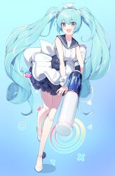 Rule 34 | 1girl, aqua background, aqua eyes, aqua hair, back bow, blue archive, blue background, blue sailor collar, bow, ddangbi, frilled shirt, frilled skirt, frills, full body, gradient background, hair ornament, halo, hatsune miku, high heels, highres, holding, holding weapon, id card, multicolored hair, open mouth, pink hair, sailor collar, scrunchie, shirt, skirt, sleeveless, sleeveless shirt, solo, streaked hair, twintails, vocaloid, weapon, white bow, white footwear, white shirt, wrist scrunchie