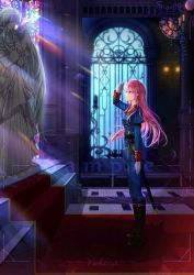 Rule 34 | 1girl, black footwear, blue jacket, blue pants, boots, carpet, church, gloves, image sample, jacket, knee boots, liusu hongchen, long hair, long sleeves, military, military uniform, original, pants, pink hair, salute, sheath, sheathed, solo, stained glass, stairs, standing, statue, sword, tile floor, tiles, uniform, weapon