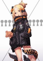 Rule 34 | 1girl, abigail williams (fate), abigail williams (traveling outfit) (fate), animal print, arm at side, black bow, black jacket, blonde hair, bow, commentary request, fate/grand order, fate (series), fu-ta, hair bow, hair bun, hand in pocket, highres, jacket, keyhole, long sleeves, looking at viewer, hugging object, official alternate costume, orange bow, parted bangs, parted lips, polka dot, polka dot bow, single hair bun, sleeves past fingers, sleeves past wrists, solo, standing, stuffed animal, stuffed toy, suction cups, teddy bear, tentacles, tiger print