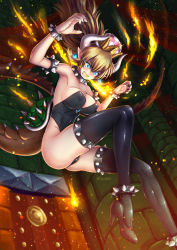 Rule 34 | 1girl, adsouto, bare shoulders, black footwear, black thighhighs, blonde hair, blue eyes, blue gemstone, blush, bowsette, bracelet, breasts, breath weapon, breathing fire, cleavage, collar, crown, earrings, fire, fishnet thighhighs, fishnets, from side, gem, high heels, highres, horns, jewelry, large breasts, mario (series), nail polish, new super mario bros. u deluxe, nintendo, open mouth, parted bangs, pointy ears, solo, spiked bracelet, spiked collar, spikes, super crown, thighhighs