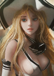 Rule 34 | 1girl, ascot, blonde hair, blue eyes, blurry, blurry background, breasts, cleavage, commentary request, elbow gloves, frilled gloves, frills, gloves, highres, large hat, long hair, looking to the side, no bra, original, parted lips, realistic, ryan tien, sideboob, solo, standing, upper body, white gloves