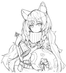 Rule 34 | 1girl, absurdres, animal ear fluff, animal ears, arknights, bell, belt buckle, belt pouch, braid, buckle, cape, commentary, cowboy shot, error1980, greyscale, headpiece, highres, holding, holding bell, holding tail, jewelry, leopard ears, leopard tail, long hair, looking at viewer, monochrome, necklace, pouch, pramanix (arknights), side braids, solo, sweater, tail, turtleneck, turtleneck sweater, twin braids, very long hair, white background