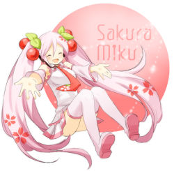 Rule 34 | 1girl, alternate color, alternate hair color, bad id, bad pixiv id, boots, cherry, cherry blossoms, detached sleeves, food, fruit, hatsune miku, headphones, long hair, name connection, necktie, object namesake, open mouth, pink footwear, pink hair, sakura miku, skirt, smile, solo, thighhighs, twintails, uini, very long hair, vocaloid, zettai ryouiki