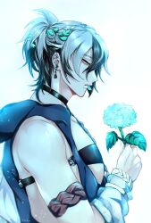 Rule 34 | 1boy, arm strap, black hair, chest strap, choker, clothing cutout, collar, earrings, flower, green eyes, grey hair, highres, holding, holding flower, hydrangea, jewelry, looking down, male focus, mole, mole under mouth, multicolored hair, nu carnival, petal in mouth, petals, rei (nu carnival), side cutout, sleeveless, strap, white background, yadome810