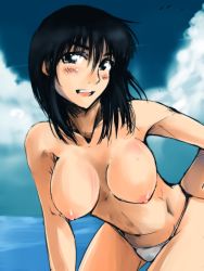 Rule 34 | 00s, 1girl, bikini, bikini bottom only, blush, breasts, contrail, cosaten, day, hand on own hip, hanging breasts, hip focus, leaning forward, nipples, school rumble, smile, solo, suou mikoto (school rumble), swimsuit, topless