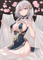 Rule 34 | 1girl, absurdres, azur lane, beisaku bei, braid, branch, breast curtains, breasts, cherry blossoms, china dress, chinese clothes, dress, flower, garter straps, gloves, grey dress, hair flower, hair ornament, half gloves, highres, large breasts, looking at viewer, neckwear between breasts, pelvic curtain, revealing clothes, see-through, see-through sleeves, side braid, sirius (azur lane), sirius (azure horizons) (azur lane), sitting, solo, thighhighs, white gloves, white hair, white thighhighs