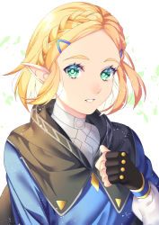 Rule 34 | 1girl, akapug621, blonde hair, blue eyes, blue shirt, braid, cape, commentary request, crown braid, fingerless gloves, gloves, green eyes, hair ornament, hairclip, long hair, long sleeves, looking at viewer, nintendo, parted bangs, pointy ears, princess zelda, shirt, short hair, simple background, smile, solo, the legend of zelda, the legend of zelda: breath of the wild, the legend of zelda: tears of the kingdom, thick eyebrows, upper body