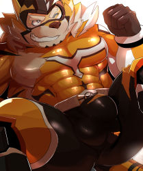 Rule 34 | 1boy, animal ears, bara, beige fur, bodysuit, bulge, covered abs, covered penis, facial hair, feet out of frame, flaccid, forked eyebrows, furry, furry male, goatee, grin, highres, large pectorals, live a hero, male focus, mask, muscular, muscular male, orange fur, orangetaming, pectorals, ryekie (live a hero), sidepec, smile, solo, spread legs, thick eyebrows, thick thighs, thighs, tiger boy, tiger ears, torn bodysuit, torn clothes, two-tone fur