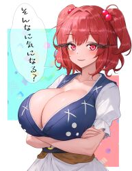 Rule 34 | 1girl, absurdres, arms under breasts, beads, blush, breasts, cleavage, collarbone, commentary, crossed arms, hair beads, hair ornament, highres, huge breasts, looking at viewer, onozuka komachi, patterned background, puffy short sleeves, puffy sleeves, red eyes, red hair, short sleeves, smile, solo, speech bubble, sugar you, touhou, translated, two side up, upper body