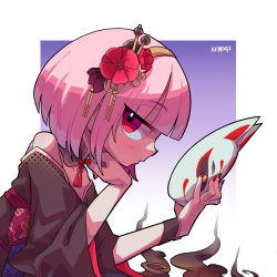Rule 34 | 1girl, absurdres, bob cut, fox mask, from side, highres, holding, holding mask, hololive, hololive english, kemori, looking at viewer, mask, mori calliope, mori calliope (new year), nail polish, pink eyes, pink hair, red nails, short hair, solo, virtual youtuber