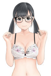 Rule 34 | 1girl, absurdres, bare shoulders, black eyes, black hair, blush, bow, bow bra, bra, breasts, cleavage, closed mouth, collarbone, commentary request, floral print, gibun (sozoshu), glasses, grey eyes, hands up, highres, long hair, long sleeves, looking at viewer, medium breasts, navel, original, simple background, smile, solo, stomach, twintails, underwear, upper body, white background, white bra