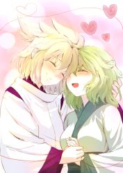 Rule 34 | 2girls, alternate costume, blonde hair, blush, chagen kokimu, closed eyes, female focus, green hair, hand on another&#039;s head, happy, heart, highres, holding hands, japanese clothes, long sleeves, multiple girls, no headwear, open mouth, short hair, sleeves past wrists, smile, soga no tojiko, string, string of fate, touhou, toyosatomimi no miko, yuri