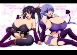 Rule 34 | 2girls, absurdres, ariane cevaille, bare shoulders, breasts, bursting breasts, character name, cleavage, clothing cutout, demon girl, heart cutout, highres, huge breasts, letterboxed, looking at viewer, moralgear, multiple girls, navel, open mouth, original, purple eyes, purple hair, sitting, smile