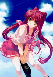 Rule 34 | 1girl, absurdres, amazuyu tatsuki, bag, blue sky, bow, breasts, brown eyes, closed mouth, cloud, day, highres, holding, kousaka tamaki, leaning forward, long hair, looking at viewer, medium breasts, official art, outdoors, pleated skirt, red hair, red skirt, sailor collar, scan, school bag, school uniform, short sleeves, sidelocks, skirt, sky, smile, solo, thighhighs, to heart (series), to heart 2, white thighhighs, zettai ryouiki