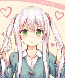 Rule 34 | 1girl, absurdres, blush, cardigan, collar, dress shirt, green eyes, heart, heart-shaped pupils, highres, holding, holding hair, long hair, looking at viewer, open mouth, original, scrunchie, shirt, solo, sweater, symbol-shaped pupils, tsuchikure, twintails, white hair