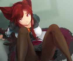 Rule 34 | 1girl, amano cigusa, animal ears, breasts, brooch, brown hair, collarbone, dress, female pubic hair, imaizumi kagerou, jewelry, large breasts, long hair, looking at viewer, looking up, pantyhose, pubic hair, red eyes, sitting, solo, spread legs, touhou, upskirt, very long hair, wolf ears