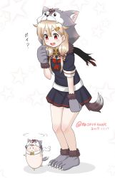Rule 34 | 1girl, 1other, animal hands, black ribbon, black scarf, black serafuku, black skirt, blonde hair, commentary request, dated, full body, gloves, hair flaps, hair ornament, hair ribbon, hairclip, kantai collection, long hair, masara (chuujou), neckerchief, one-hour drawing challenge, paw gloves, paw shoes, pleated skirt, red eyes, red neckerchief, ribbon, scarf, school uniform, serafuku, skirt, standing, star (symbol), starry background, tail, the yuudachi-like creature, twitter username, white background, wolf hood, wolf tail, yuudachi (kancolle)