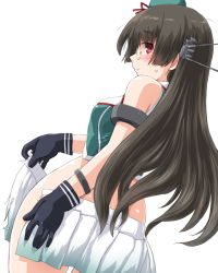 Rule 34 | 10s, 1girl, armlet, bare shoulders, black gloves, black hair, blush, bracelet, choukai (kancolle), choukai kai ni (kancolle), crop top, dd (ijigendd), from behind, glasses, gloves, hair ornament, hat, hat ribbon, jewelry, kantai collection, long hair, looking back, mini hat, no panties, open clothes, open skirt, pleated skirt, red eyes, red ribbon, ribbon, simple background, skirt, sleeveless, smile, solo, sweatdrop, undressing, white background, white skirt