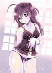 Rule 34 | 1girl, ahoge, aka kitsune, asymmetrical hair, blush, bow, bow panties, breasts, bustier, camisole, cleavage, collarbone, gloves, hagikaze (kancolle), kantai collection, lingerie, long hair, one side up, panties, purple hair, purple panties, small breasts, solo, underwear, white gloves