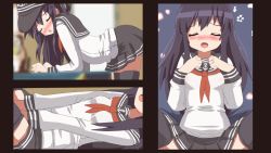 Rule 34 | 10s, 1girl, akatsuki (kancolle), animated, animated gif, bad id, bad nicoseiga id, bent over, black eyes, black hair, black thighhighs, blush, bouncing breasts, breasts, hangaku, hat, implied sex, kantai collection, long hair, open mouth, school uniform, serafuku, sexually suggestive, small breasts, spread legs, thighhighs, zettai ryouiki