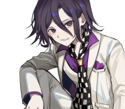 Rule 34 | 1boy, black hair, checkered clothes, checkered neckwear, checkered scarf, collared shirt, danganronpa (series), danganronpa v3: killing harmony, hair between eyes, highres, jacket, long sleeves, looking at viewer, male focus, muuyiie, open clothes, open jacket, oma kokichi, pants, purple eyes, purple hair, scarf, shirt, short hair, simple background, smile, solo, white background, white jacket, wing collar