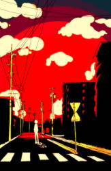 Rule 34 | 1boy, bad id, bad pixiv id, building, cityscape, cloud, crosswalk, kanna (bit score), male focus, original, outdoors, power lines, red sky, road, road sign, sign, silhouette, sky, solo, street, utility pole, vanishing point