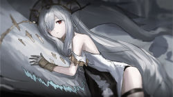 Rule 34 | 1girl, arknights, bare shoulders, black gloves, chinese commentary, commentary request, cowboy shot, dress, gloves, grey hair, hair over one eye, headdress, long hair, looking at viewer, off-shoulder dress, off shoulder, orlijiang, parted lips, partial commentary, red eyes, skadi (arknights), skadi the corrupting heart (arknights), skadi the corrupting heart (sublimation) (arknights), solo, very long hair, white dress