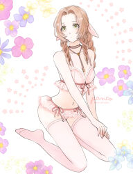 Rule 34 | 1girl, aerith gainsborough, ancotsubu, artist name, bare arms, bare shoulders, bra, braid, braided ponytail, breasts, brown hair, choker, cleavage, commentary request, final fantasy, final fantasy vii, final fantasy vii remake, floral background, flower choker, full body, garter straps, green eyes, hair ribbon, kneeling, light blush, lingerie, medium breasts, midriff, navel, no shoes, panties, parted bangs, pink bra, pink panties, pink ribbon, pink thighhighs, ribbon, sidelocks, single braid, solo, thighhighs, twitter username, underwear, v arms