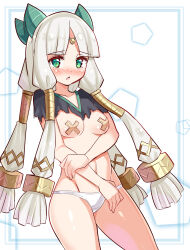 Rule 34 | 1girl, amica, bandaid, bandaids on nipples, blush, breasts, cougar (cougar1404), dragon: marked for death, green eyes, green horns, horns, long hair, looking at viewer, panties, pasties, simple background, small breasts, solo, torn clothes, underwear, white hair, white panties
