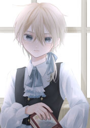 Rule 34 | 1boy, absurdres, ascot, black vest, blonde hair, blue eyes, blue ribbon, book, child, closed mouth, collared shirt, formal, hair ribbon, highres, holding, holding book, illumination, ina 0038, long sleeves, low side ponytail, male focus, neck ribbon, original, ribbon, shirt, solo, vest, white shirt, window