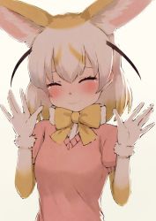 Rule 34 | 1girl, absurdres, animal ears, arms up, blonde hair, blush, breasts, brown gloves, crying, deku suke, closed eyes, facing viewer, fennec (kemono friends), fox ears, gloves, highres, kemono friends, medium breasts, multicolored clothes, multicolored gloves, multicolored hair, parted lips, puffy short sleeves, puffy sleeves, short hair, short sleeves, solo, two-tone hair, upper body, white gloves, white hair