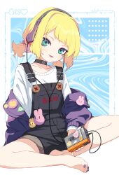 Rule 34 | 1girl, anocco, barefoot, black nails, black overalls, black shorts, blonde hair, butterfly sitting, choker, commentary, denim, denim shorts, feet, green eyes, headphones, highres, indian style, jacket, open clothes, open jacket, original, overalls, purple jacket, rabbit ornament, short twintails, shorts, sitting, smile, sony, thighs, toes, twintails, walkman, wavy background