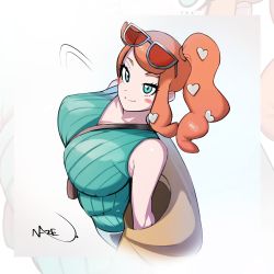 Rule 34 | 1girl, absurdres, between breasts, blue eyes, blush stickers, breasts, creatures (company), eyewear on head, game freak, highres, large breasts, looking up, naze, nintendo, off shoulder, orange hair, pokemon, pokemon swsh, shirt, side ponytail, sleeveless, sleeveless shirt, smile, solo, sonia (pokemon), sunglasses, sunglasses on head