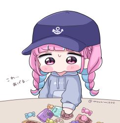 Rule 34 | 1girl, anchor symbol, baseball cap, blue hair, blue hat, braid, candy, commentary request, food, grey hoodie, grey sweater, hat, highres, hololive, hood, hooded sweater, hoodie, minato aqua, mochimiko, multicolored hair, pink hair, pout, puffy cheeks, solo, sweatdrop, sweater, translation request, twin braids, twitter username, two-tone hair, upper body, virtual youtuber