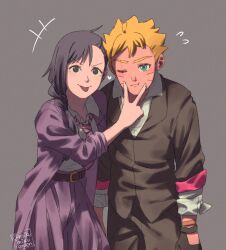 Rule 34 | 1boy, 1girl, ariamikukanzaki, black gloves, black jacket, blonde hair, blue eyes, boruto: two blue vortex, bow, bowtie, braid, coat, commentary, diagonal-striped bow, diagonal-striped bowtie, diagonal-striped clothes, facial mark, fingersmile, flying sweatdrops, gloves, grey background, high-waist skirt, hunched over, jacket, kakei sumire, naruto (series), one eye closed, pleated skirt, purple coat, purple skirt, scar, scar across eye, skirt, sleeves rolled up, striped clothes, tongue, tongue out, twitter username, uzumaki boruto, v-shaped eyebrows, whisker markings