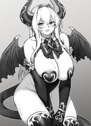 Rule 34 | 1girl, blush, breasts, cattleya (houtengeki), demon girl, demon horns, demon tail, demon wings, detached collar, greyscale, hair intakes, highres, horns, houtengeki, large breasts, long hair, looking at viewer, monochrome, open mouth, original, pointy ears, smile, solo, tail, thighhighs, thighs, wings