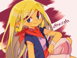 Rule 34 | 1girl, alternate hairstyle, artist name, bandaged arm, bandages, bandana, blonde hair, blue eyes, blue jacket, blush, closed mouth, commentary request, hair down, highres, jacket, long hair, looking at viewer, nintendo, open clothes, open jacket, pointy ears, purple shirt, red background, red bandana, red sash, sash, shirt, short sleeves, shorts, sidelocks, simple background, sitting, smile, solo, swept bangs, tan, tetra, the legend of zelda, the legend of zelda: the wind waker, tokuura, twitter username, v-shaped eyebrows, white background, white shorts