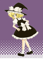 Rule 34 | 1girl, apron, black dress, black footwear, blonde hair, blush, bow, braid, brown eyes, dress, female focus, from behind, hat, kirisame marisa, looking at viewer, looking back, mary janes, puffy short sleeves, puffy sleeves, shoes, short sleeves, single braid, socks, solo, touhou, waist apron, white bow, white socks, witch hat, yellow eyes